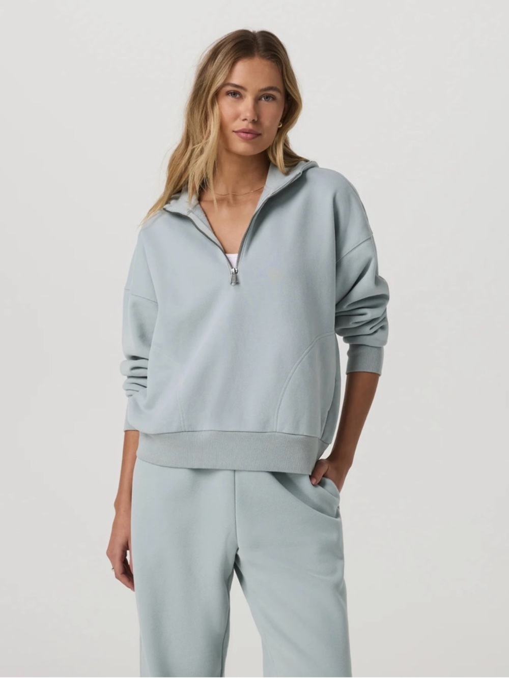 Vuori Restore Quarter-Zip Pullover Hoodie in Pale Blue